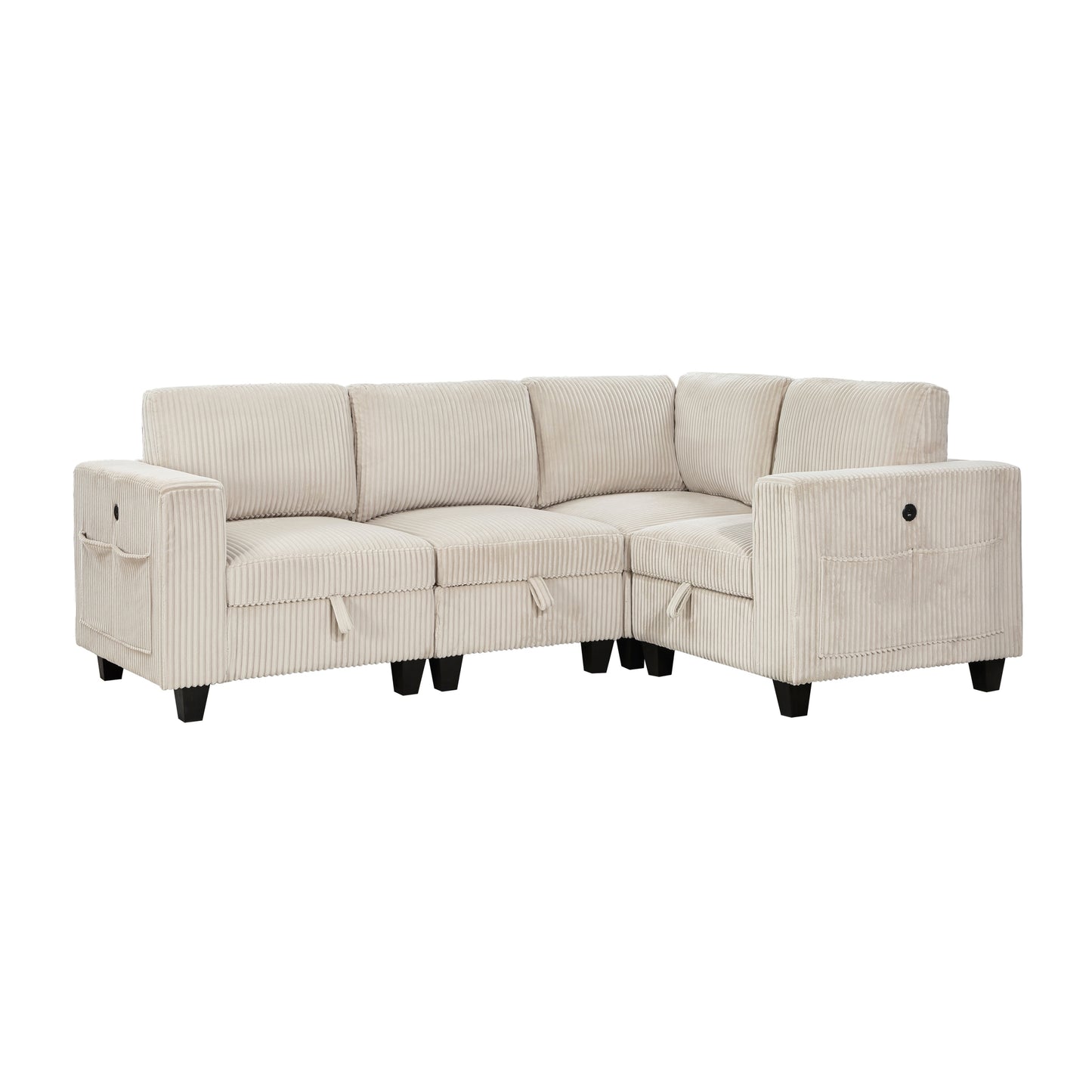 4-Piece Modular Sectional with Storage Seats, Side Pockets, Charging Ports Beige Corduroy Fabric Modern Living Room Sectional Couch Solid Wood Furniture