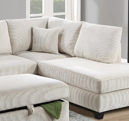 Ivory Color 3pc Sectional Set Corduroy Upholstered LAF Sofa RAF Chaise Ottoman L-Sectional Living Room Furniture