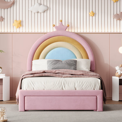 Twin Size Upholstered Rainbow Design Bed, Velvet Princess Platform Bed with Storage Drawer, No Box-spring Needed,Colorful&Pink