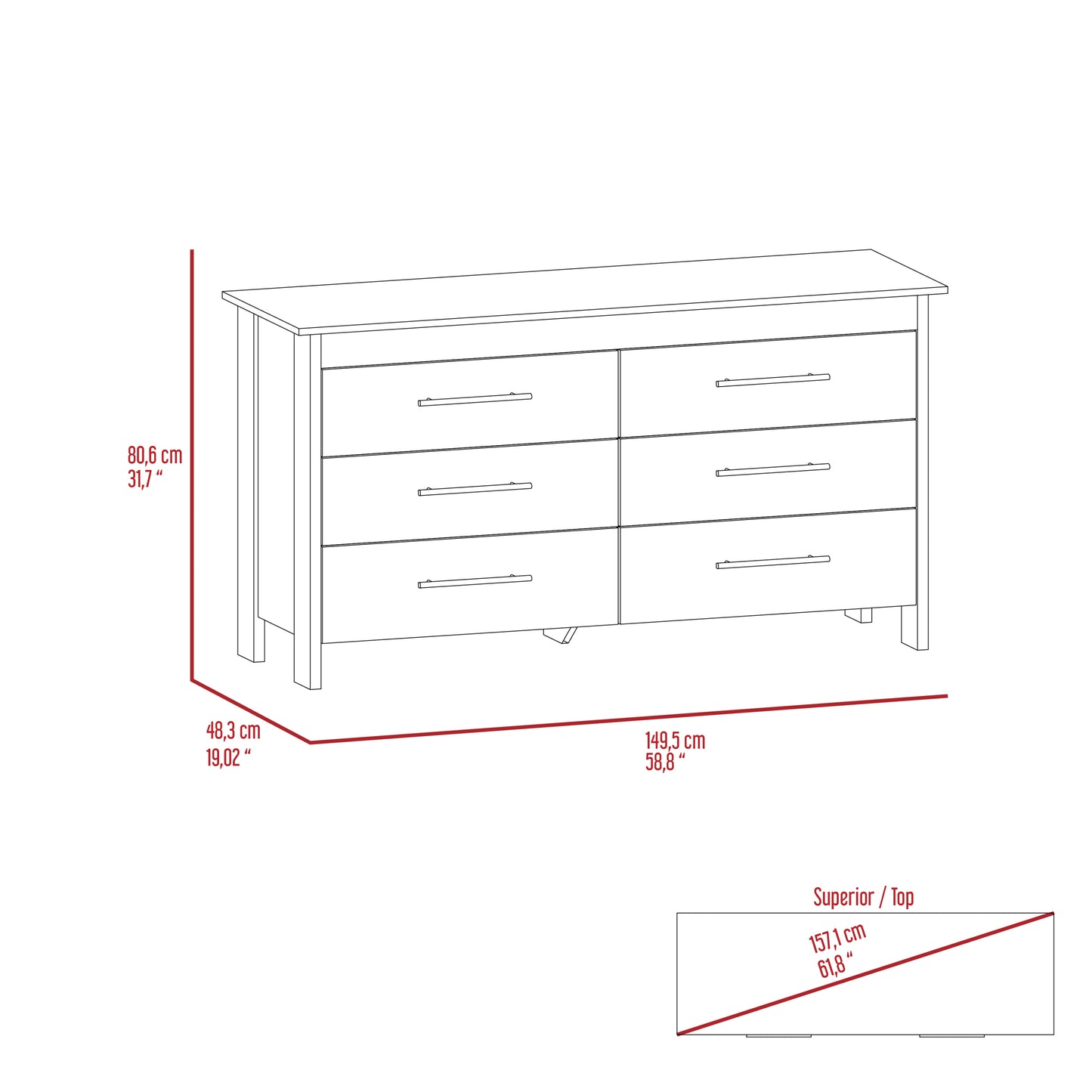 6 Drawer Double Dresser Wezz, Bedroom, White