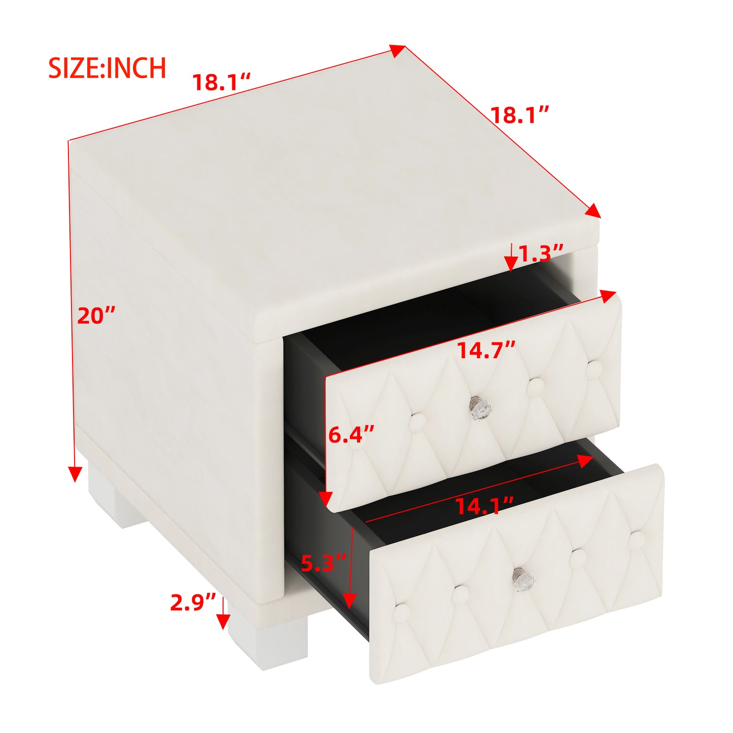 Elegant Velvet Nightstand with 2 Drawers and Crystal Handle, Storage Bedside Table with Button-Tufted, Beige