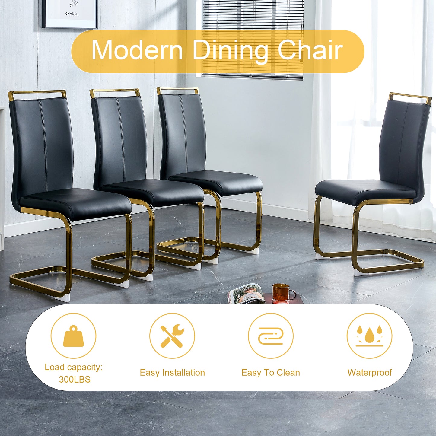 Table and chair set.67"x36" White marble pattern MDF Dining Table Set with 8 Black PU Chairs.MDF sticker,White marble pattern sticker,Gold C-tube chair legs,Suitable for kitchen,Dining room,etc.