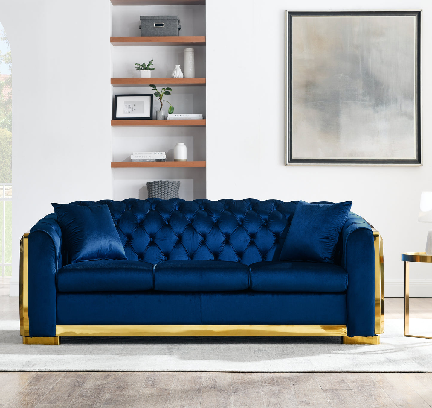 Velvet Luxury Chesterfield Sofa Set, 84 Inches Tufted 3 Seat Couch with Gold Stainless for Living Room, Navy Blue Fabric