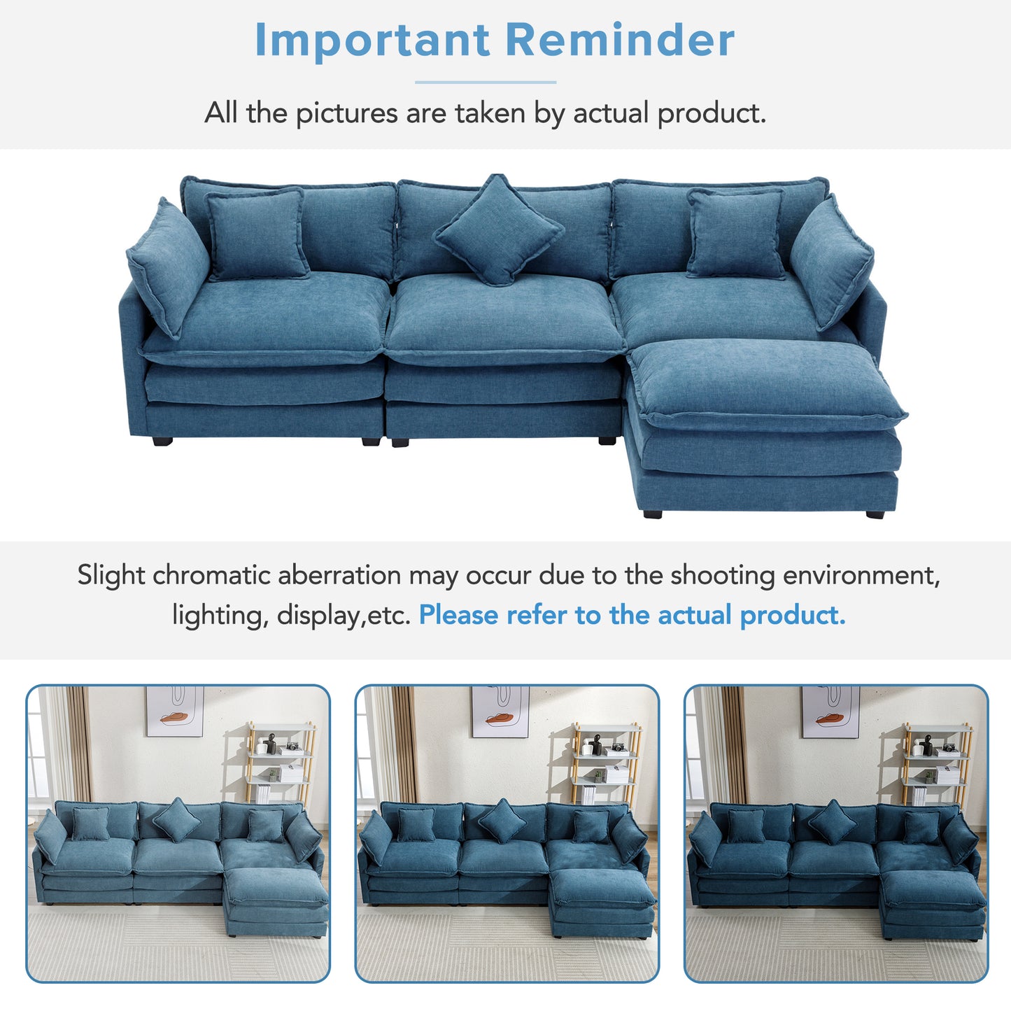 112.2" L-Shape Chenille Upholstered Sofa for Living Room Modern Luxury Sofa Couch with Ottoman, 5 Pillows, Blue