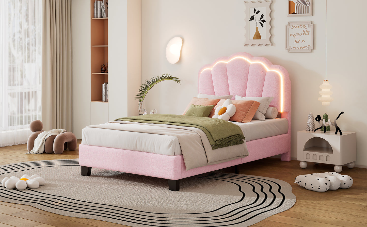 Twin Size Upholstered Flower-Shape Bed, Elegant Flowers Headboard with LED Light Strip ,Sherpa Fabric Platform Bed with Wooden Slats Support, Pink