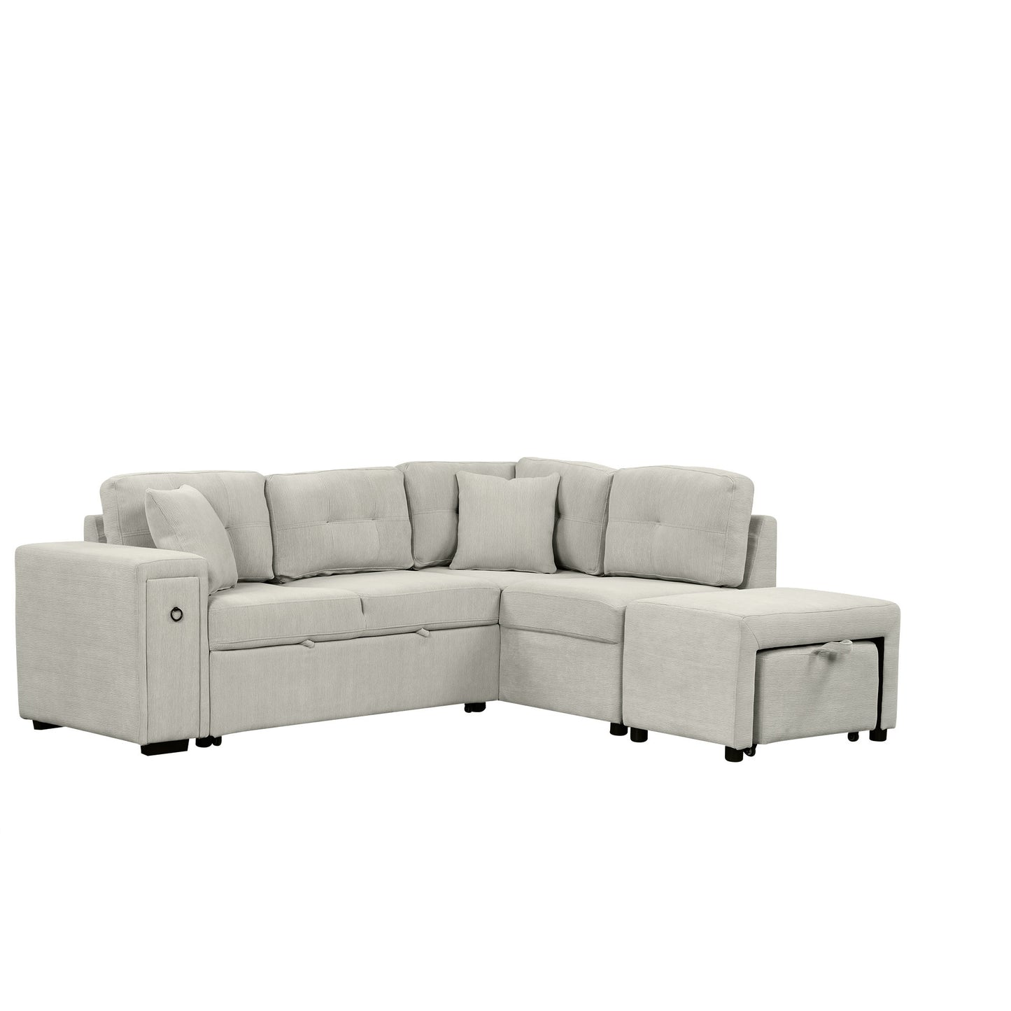 86.6" Sectional Sofa L-shaped Sofa Couch Pull-out Sofa Bed with a Movable Ottoman, Two USB Ports and Two Cup Holders for Living Room, Gray