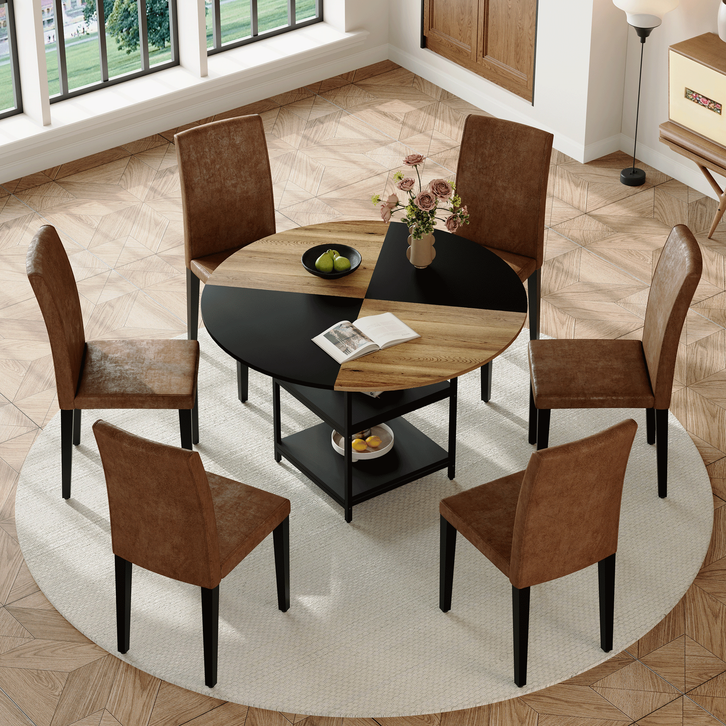 Table and chair set.A 47.3-inch diameter modern spliced color circular dining table - double-layer storage.Paired With 6 brown technology fabric dining chairs, simple and versatile, comfortable.