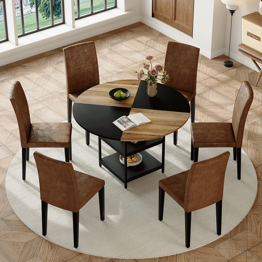 Table and chair set.A 47.3-inch diameter modern spliced color circular dining table - double-layer storage.Paired With 6 brown technology fabric dining chairs, simple and versatile, comfortable.