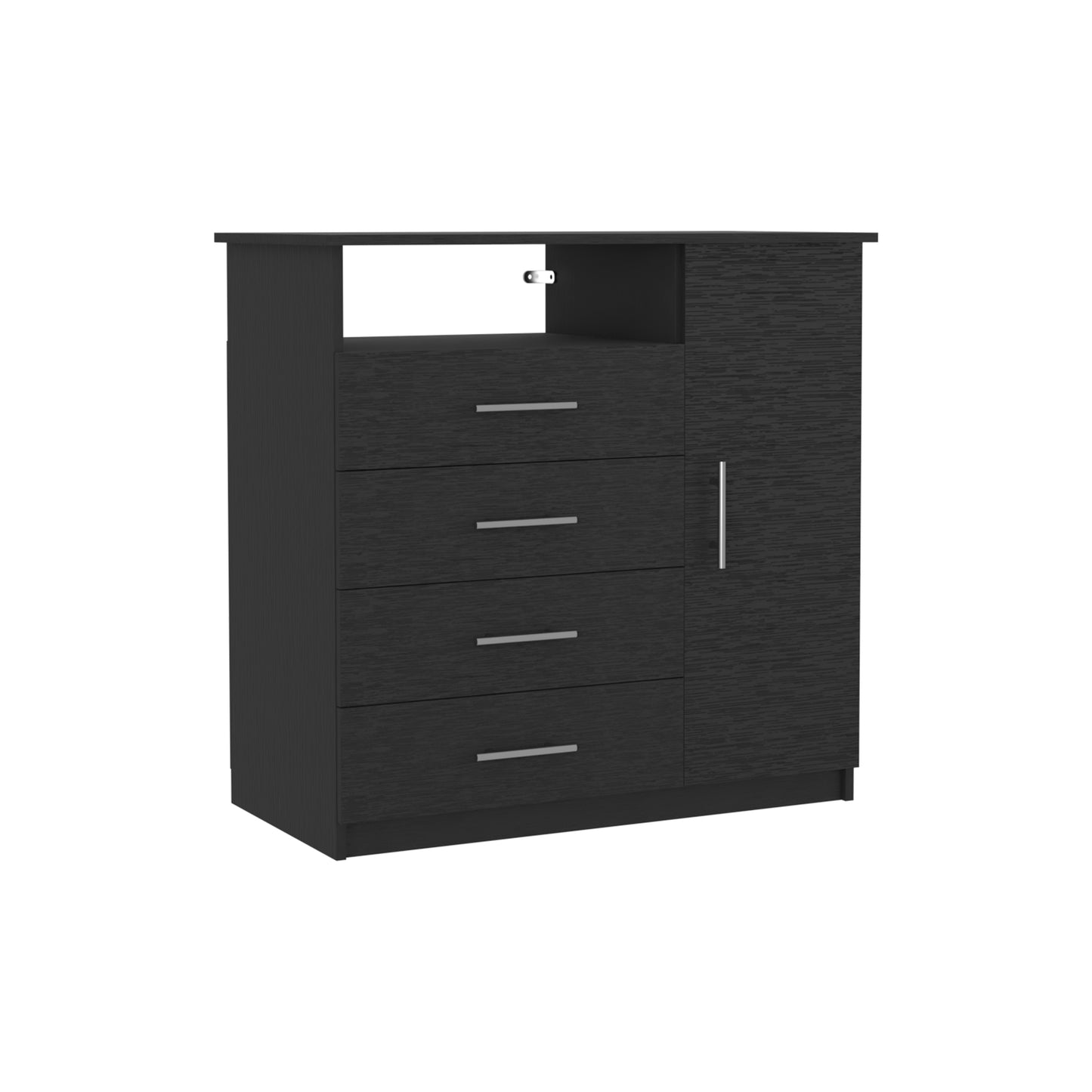 4 Drawer Dresser, One Open Shelf, Superior Top, Single Door Cabinet, Black