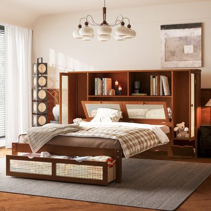 Twin Size Wooden Bed with Two Storage Lockers, Drawer, and Storage Shelf on Headboard, Multifunctional Platform Bed with Natural Rattan, Walnut