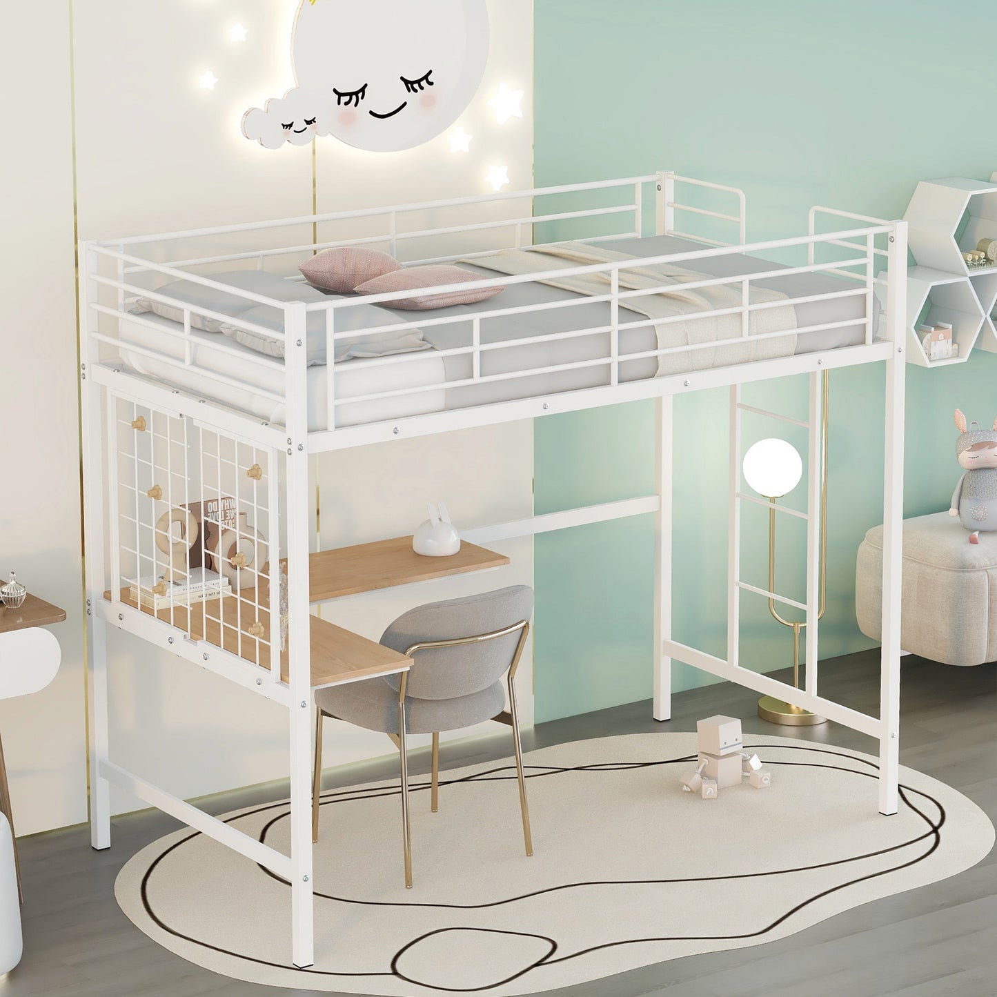 Twin Metal Loft Bed with Desk and Metal Grid,White