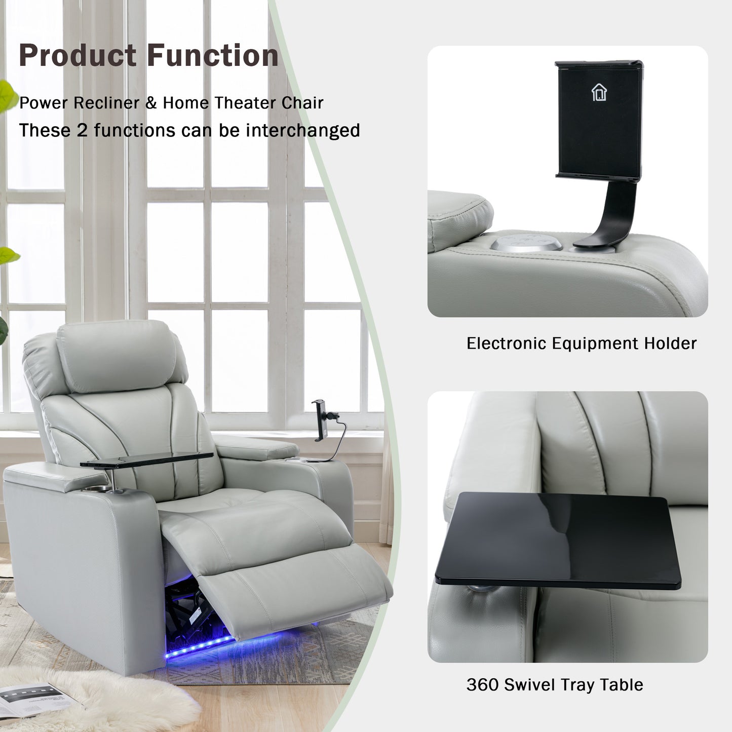 Power Motion Recliner Electric Power Recliner with USB Charging Port, Hidden Arm Storage, Convenient Cup Holder and Bluetooth Speaker, Light Grey(Old Sku:SG000800AAE)