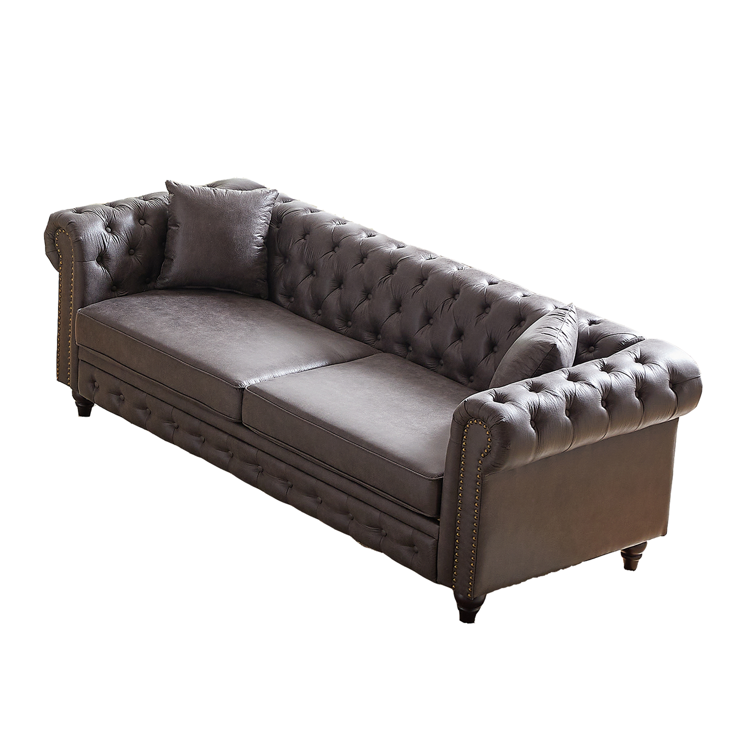 FX 85.5"Living Room with Tech Fabric Chesterfield Sofa with Rolled Arms 3 Seater Sofa with Button Design and 2 Cushions for Apartment, Office, Living Room