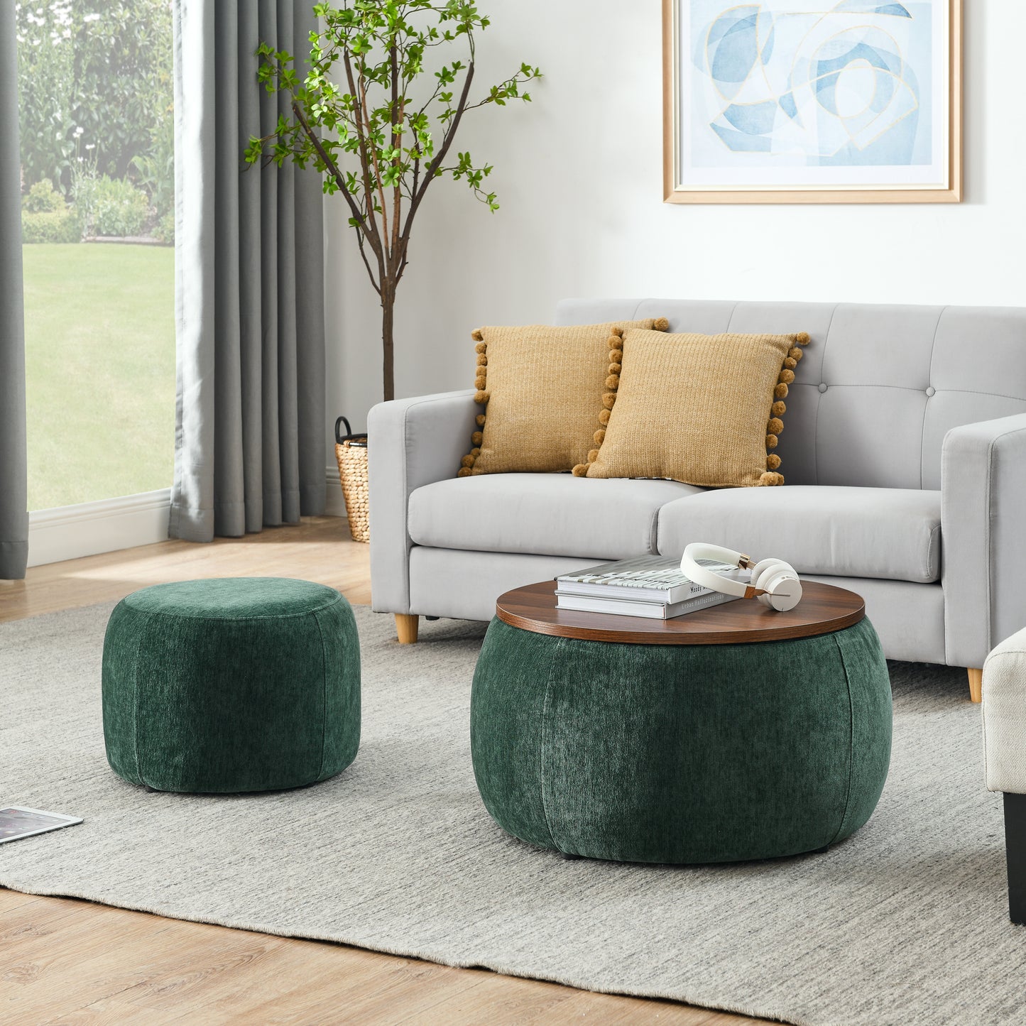 Round Storage Ottoman, 2 in 1 Function, Work as End table and Ottoman,with small seat,Green(25'x25'x14.7')