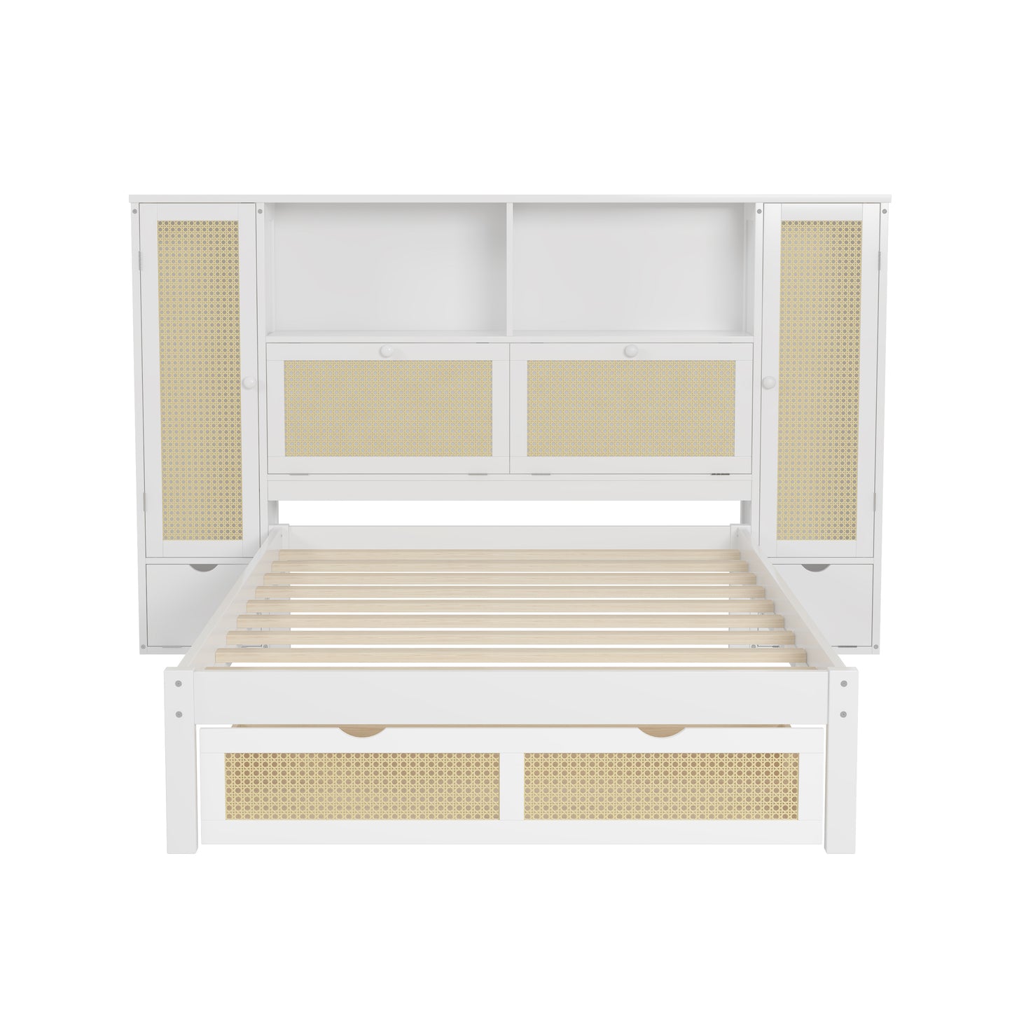 Twin Size Wooden Bed with Two Storage Lockers, Drawer, and Storage Shelf on Headboard, Multifunctional Platform Bed with Natural Rattan, White