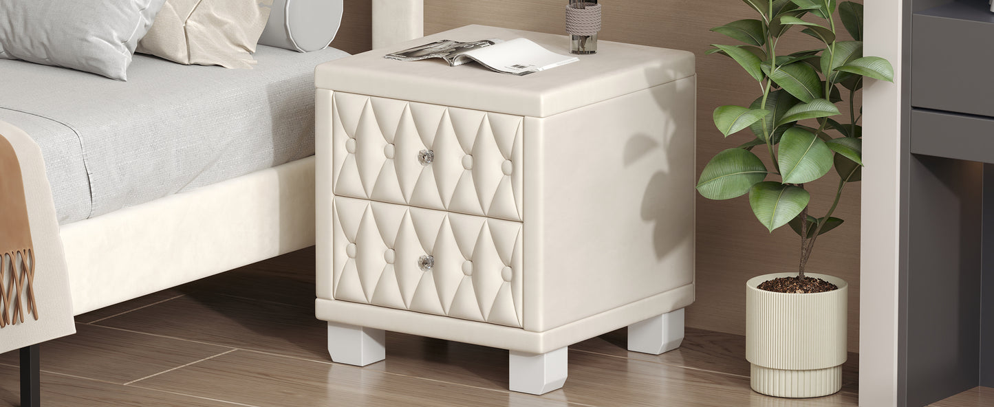 Elegant Velvet Nightstand with 2 Drawers and Crystal Handle, Storage Bedside Table with Button-Tufted, Beige