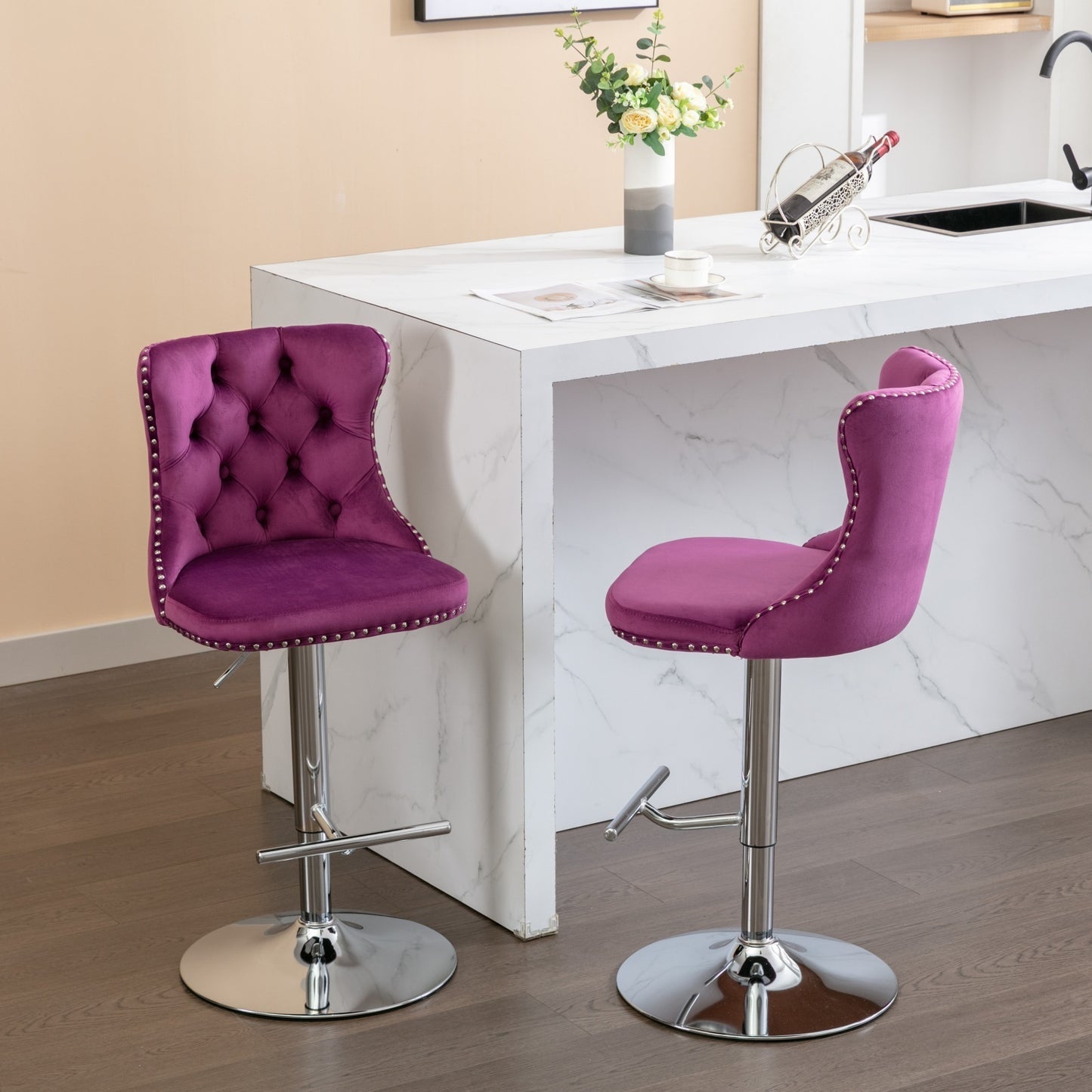 Swivel Velvet Barstools Adjusatble Seat Height from 25-33 Inch, Chrome base Bar Stools with Backs Comfortable Tufted for Home Pub and Kitchen Island, Purple,Set of 2,1712PP