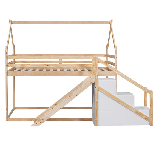 Borahmia Twin over Twin House Bunk Bed with Slide and Staircase, Natural