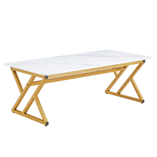 Modern White Marble Pattern Coffee Table with Golden Metal Legs, Sintered Stone Surface, 47 x 23.6 Inches