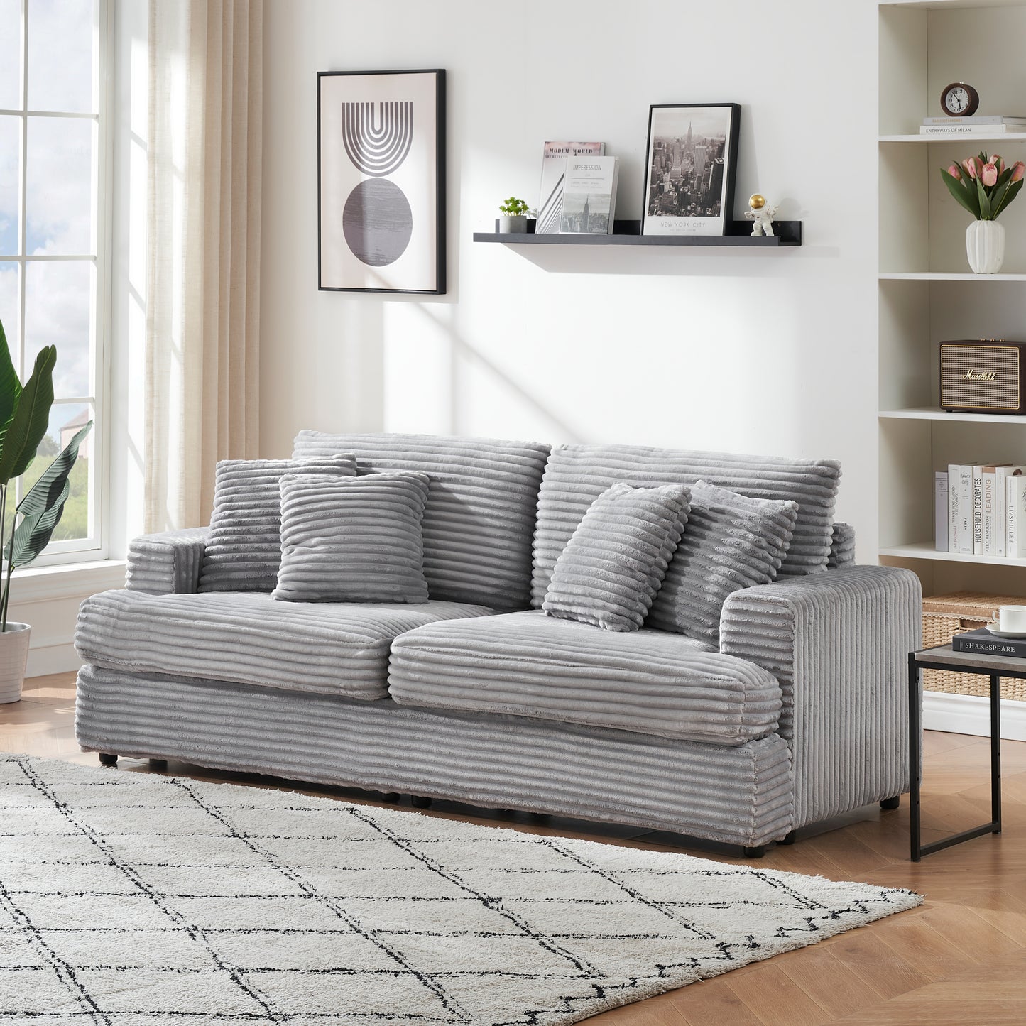 79.3 inches long, Corduroy Sofa, with 4 Matching Toss Pillows Sleek Design Spacious and Comfortable 3 Seater Couch for Modern Living Room,Gray