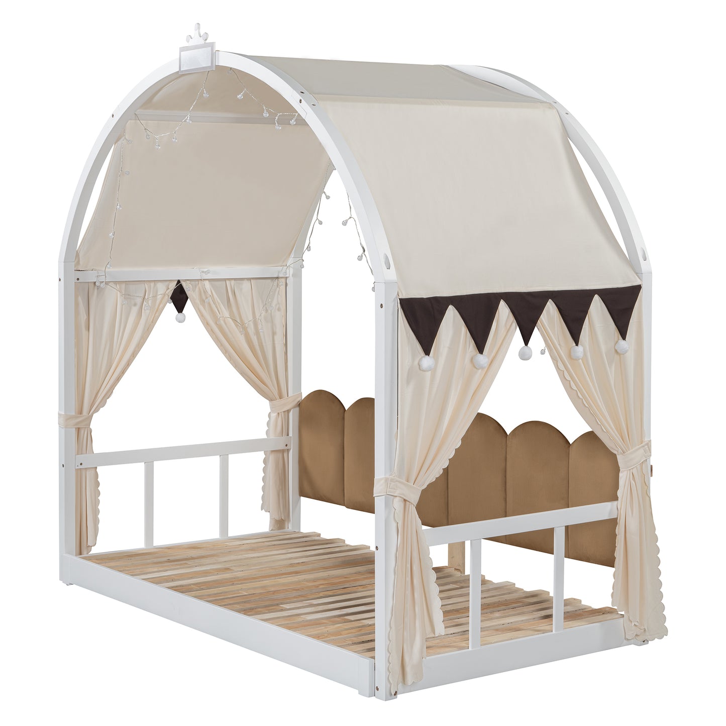 Twin Size Extended Bed With Arched Roof and Trundle, White