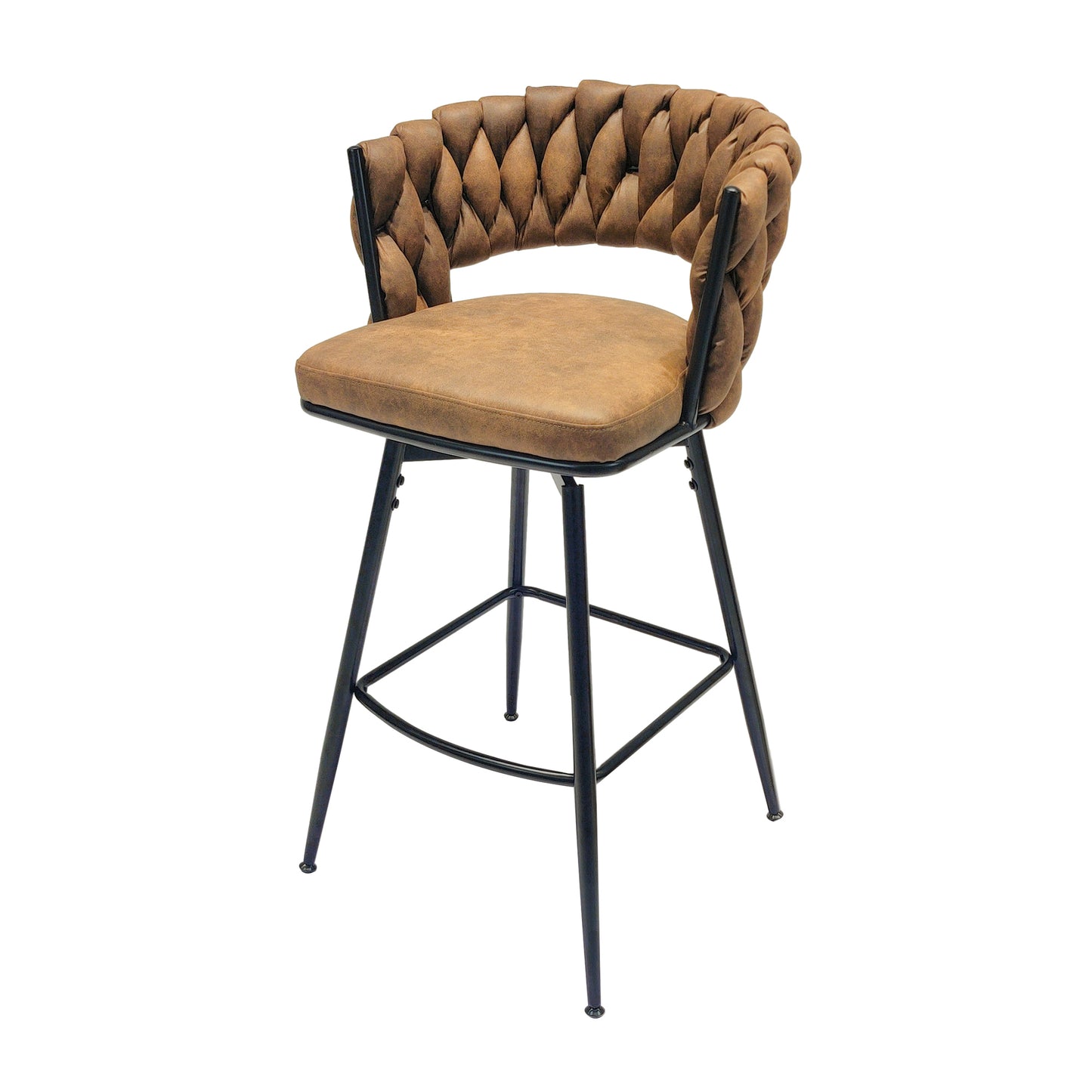 28" Technical Leather Woven Bar Stool Set of 2,Black legs Barstools No Adjustable Kitchen Island Chairs,360 Swivel Bar Stools Upholstered Bar Chair Counter Stool Arm Chairs with Back Footrest (Brown)