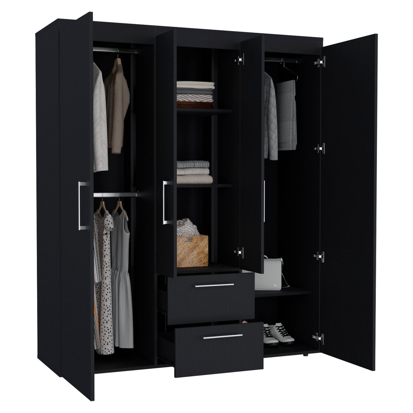 Bariloche Wardrobe, Multi-Section Storage with Hanging Rods, Shelves, and 2 Drawers