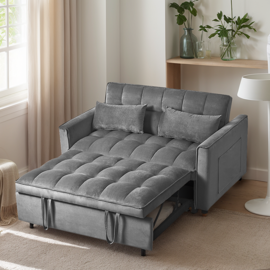 3 in 1 Convertible Sleeper Sofa Bed, Modern Pull Out Couch Bed, Adjustable Backrest, Velvet Loveseat Futon Sofa with Pillows & Pockets for Living Room Apartment,Dark Grey