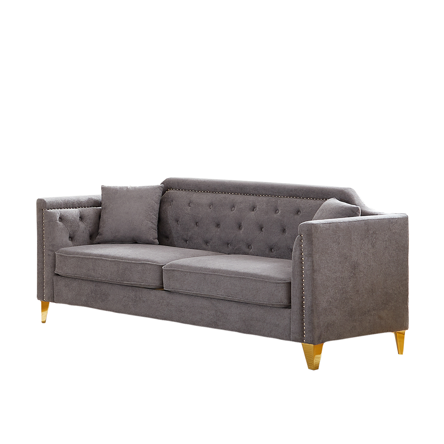 FX 81"Mid-century design modern sofa,Chenille Pull Buckle Design Sofa for Living Room,Buttons Tufted With Copper Nail Decoration Armrest, with 2 Pillows,Modern Couch Upholstered Button And Metal Leg