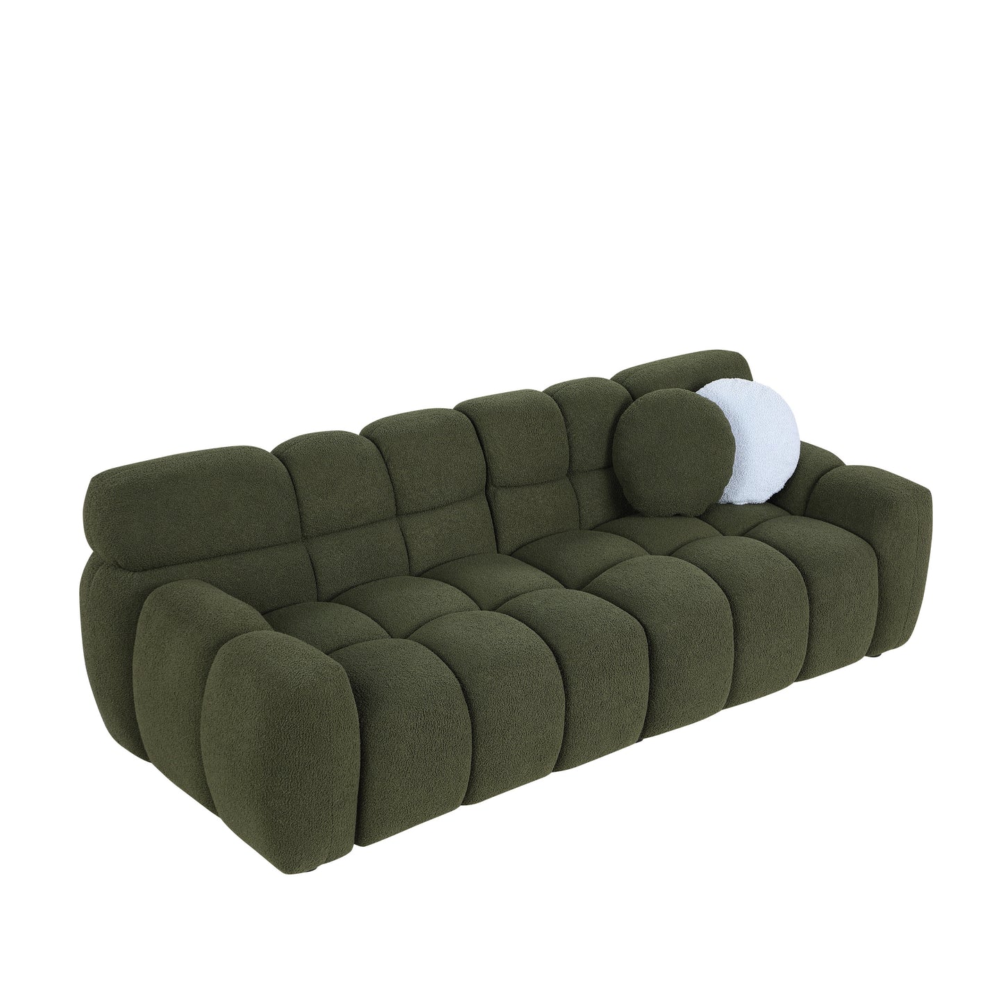 87.4 length ,35.83" deepth ,human body structure for USA people,  marshmallow sofa,boucle sofa ,3 seater, OLIVE GREEN BOUCLE