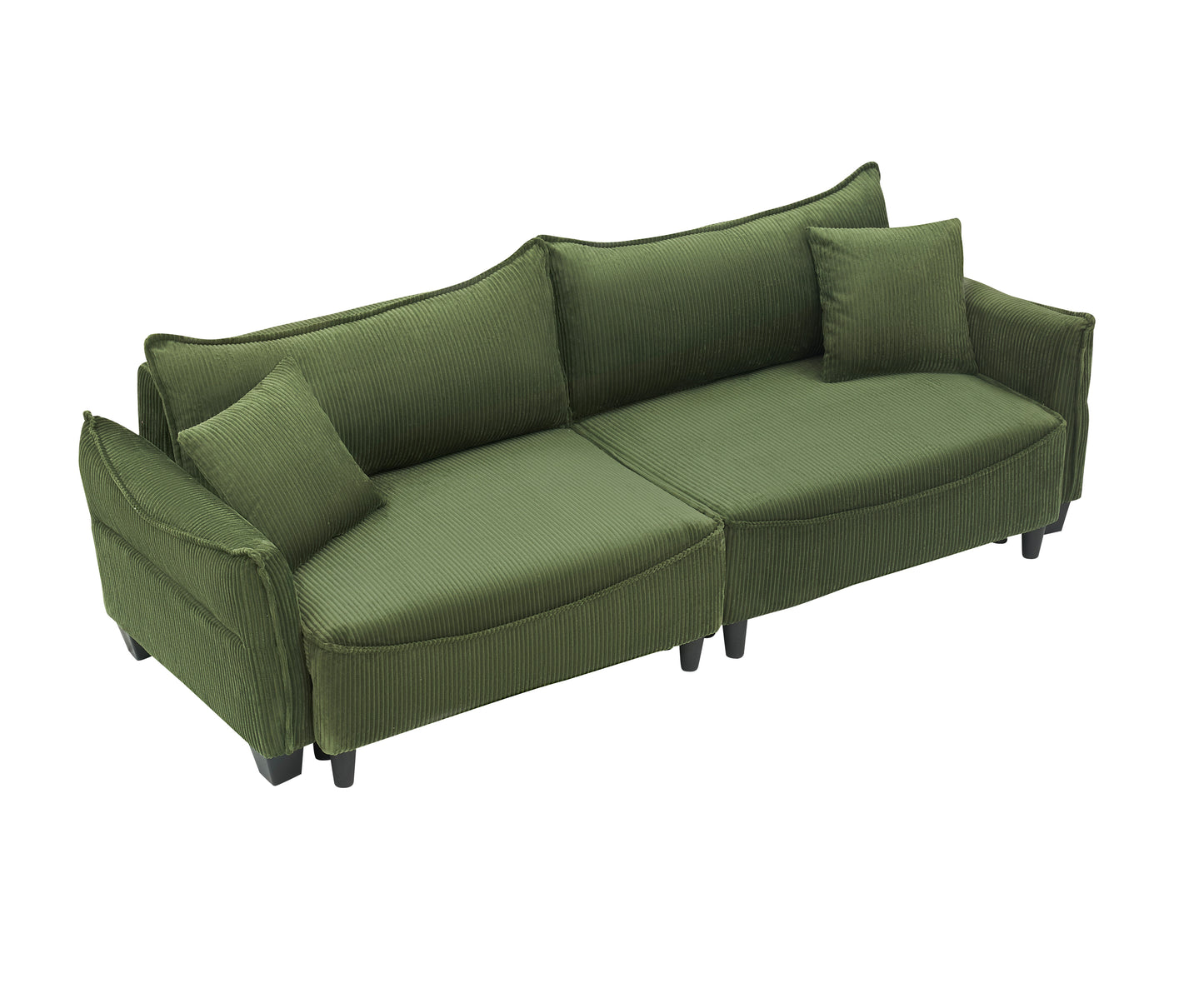 Sofa Showcasing Green Corduroy Fabric, Transformable into Sofa Bed with Two Throw Pillows: Ideal for Living Rooms & Diverse Scenes