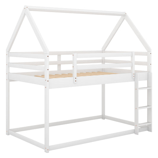 Twin over Twin Low Bunk Bed with Ladder, White
