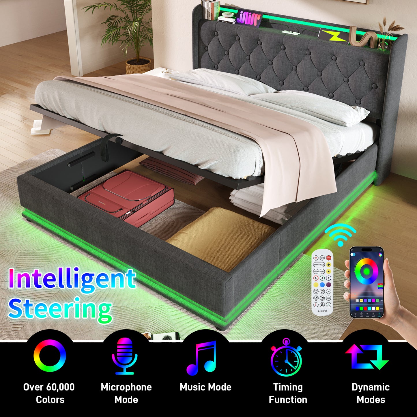 King size Upholstered bed, 360 surround LED function, Buttons/Apps/Remote Control, hydraulic storage bed with USB Type-C charging, Gray,Linen (Without mattress)