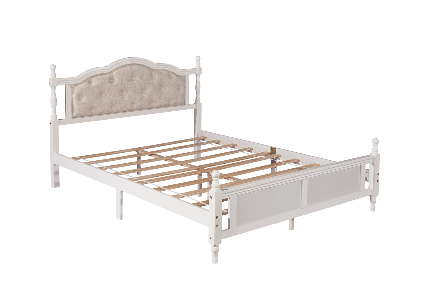 Queen Pine wooden Bed with Upholstered Headboard  and Panel Footboard, with  Two Bed Rail Support Feet and Central Platform Support Feet ,White