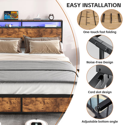 Industrial Full Bed Frame with LED Lights and 2 USB Ports, Bed Frame Full Size with Storage, Noise Free, No Box Spring Needed, Rustic Brown