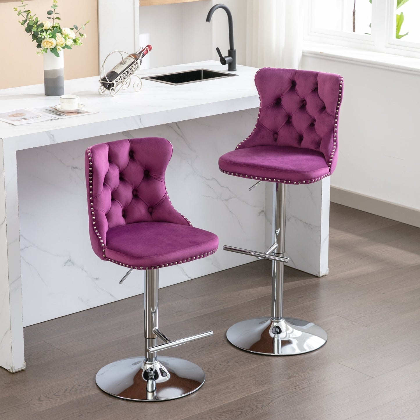 Swivel Velvet Barstools Adjusatble Seat Height from 25-33 Inch, Chrome base Bar Stools with Backs Comfortable Tufted for Home Pub and Kitchen Island, Purple,Set of 2,1712PP