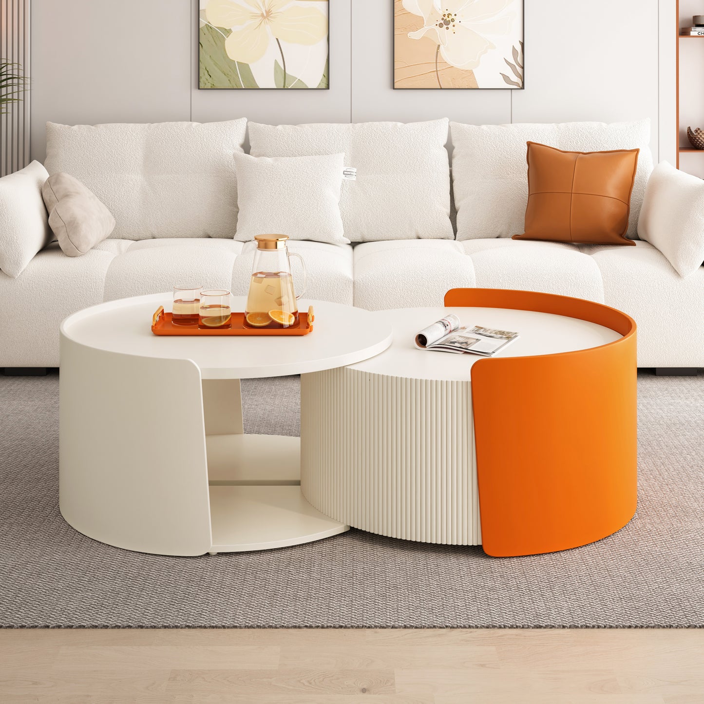 Nesting Coffee Table, Round Nesting Tables and End Tables for Small Space, Modern Side Tables with Extendable Sliding Tabletop for Living Room, Office,White, No Need Assembly