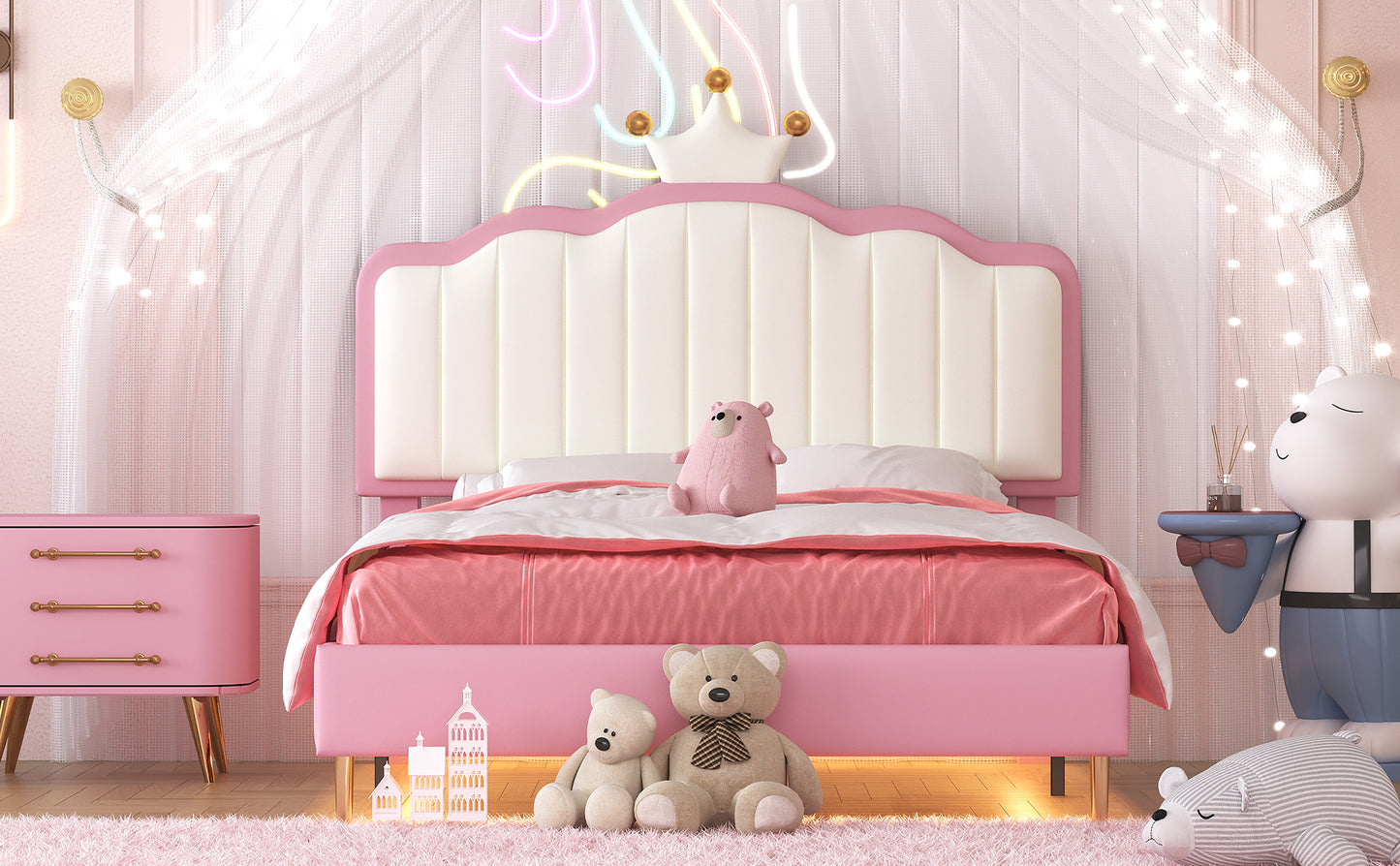 Twin size Upholstered Princess Bed With Crown Headboard, Platform Bed with  with Light Strips,Golden Metal Legs, White+Pink