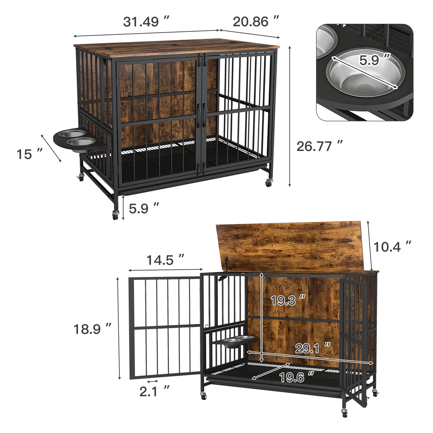 Modern Kennel Dogs room up to 60 LB, Dog crate furniture with Multi-Purpose Rremovable Ttray, Double-Door Dog House, lift Panel, 360 Degree Rotation -3 Height Adjustable Feeding Bowls(Brown)