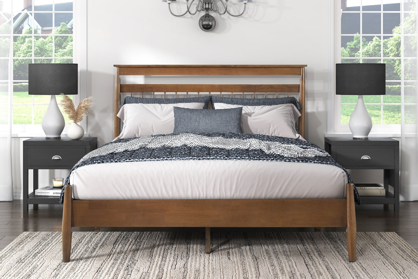 Transitional Design Eastern King Platform Bed Chestnut Finish Wood Frame Bedroom Furniture 1pc Bed in a Box