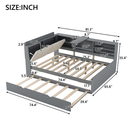 Wood Full Size platform bed with Trundle, Shelves and Storage Headboard, Gray