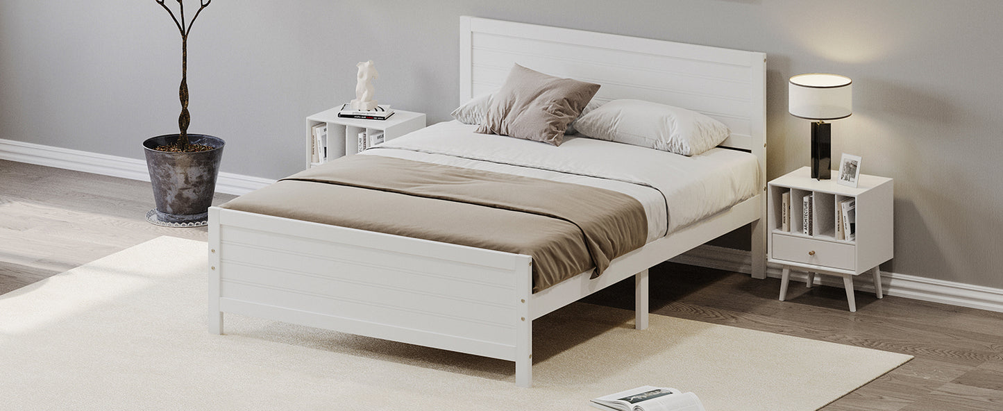 Wood Platform Bed Frame with Headboard, Mattress Foundation with Wood Slat Support, No Box Spring Needed, Queen Size, White