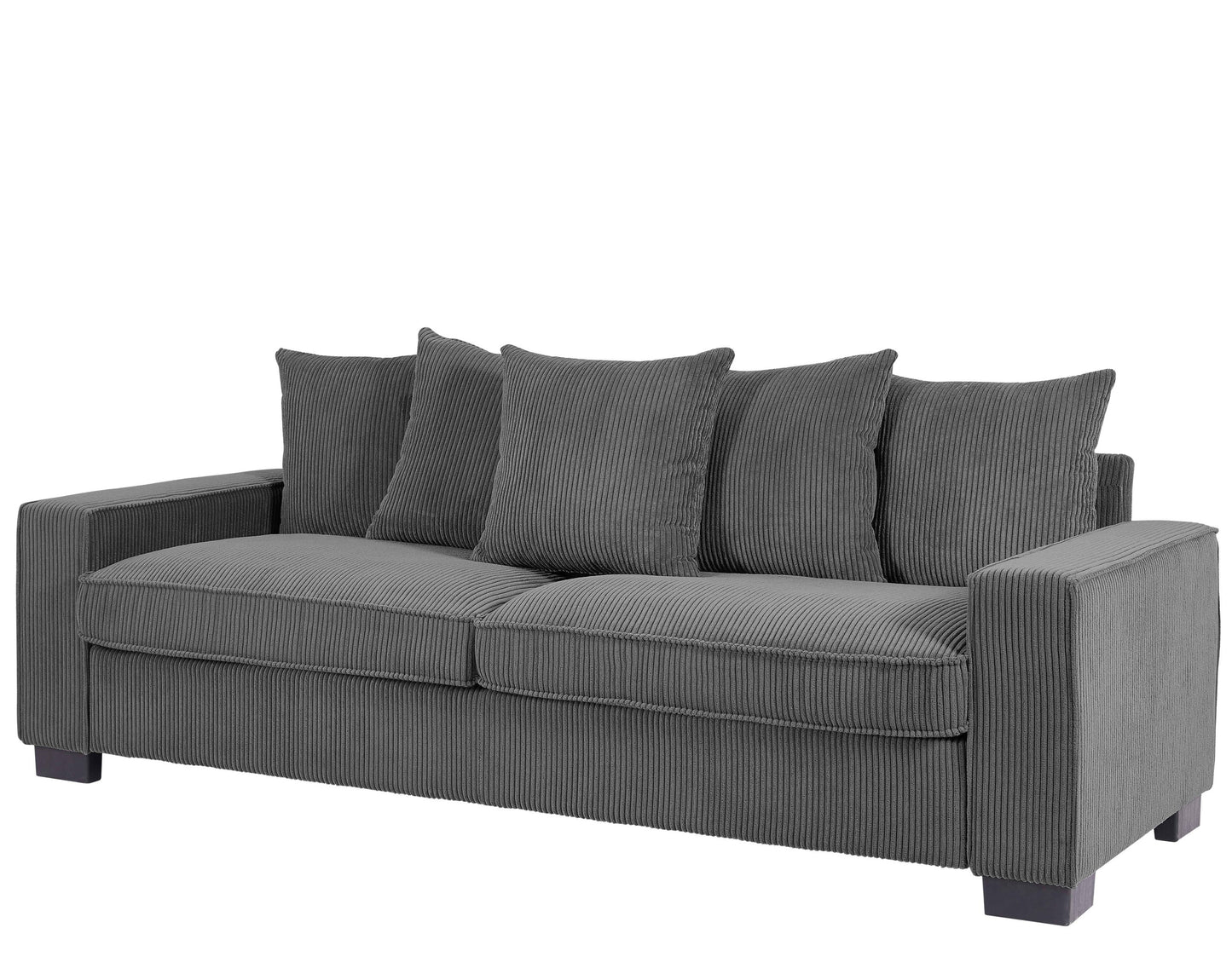 Luxe Corduroy Sofa with 5 Matching Toss Pillows, Sleek Design, Spacious and Comfortable 3 Seater Couch for Modern Living Room, Large, Grey