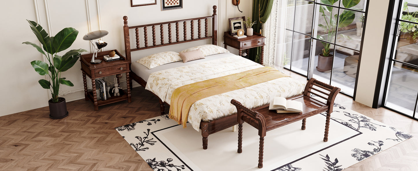 4-Pieces Retro Style Bedroom Sets, Queen Size Platform Bed with Gourd Shaped Headboard, Storage Nightstand and Bench with Turned Legs, Walnut