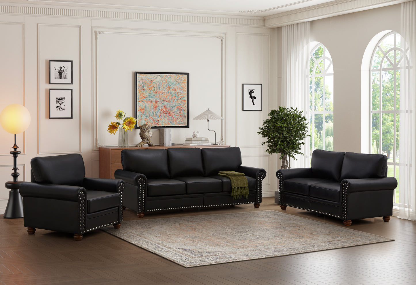 Living Room Sofa with Storage Sofa 1+2+3 Sectional Black Faux Leather