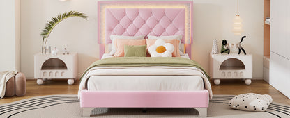 Twin Size Upholstered Bed Frame with LED Lights,Modern Velvet Platform Bed with Tufted Headboard,Pink