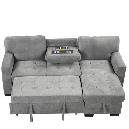 Stylish and Functional Light Chaise Lounge Sectional with Storage Rack Pull-out Bed Drop Down Table  and USB Charger Gray