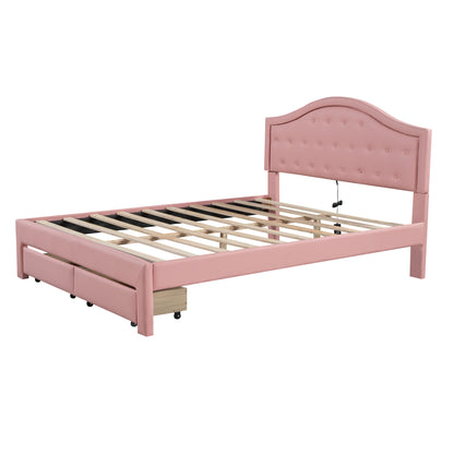 Queen Size Upholstered Platform Bed with Tufted Headboard, LED and 2 Drawers, Pink