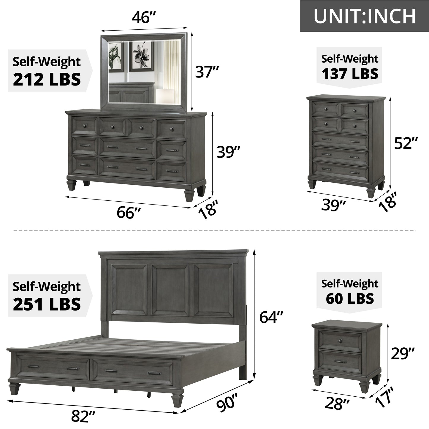 6 Piece Bedroom Sets, King Size Wood Bedroom Furniture Sets with King Size Bed, 2 Nightstands, Chest, Dresser and Mirror, Platform Bed Frame with 2 Drawers for Adults, Gray