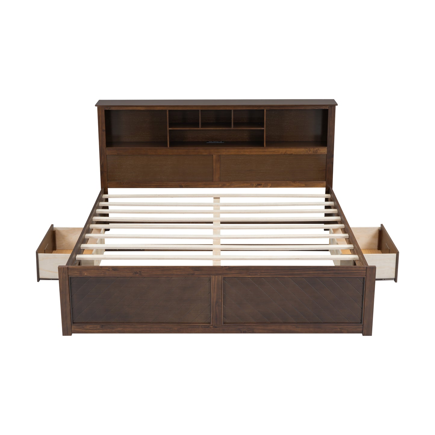 King Size Wood Platform Bed with Multi-storage Headboard, USB and Drawers, Antique Wood Color